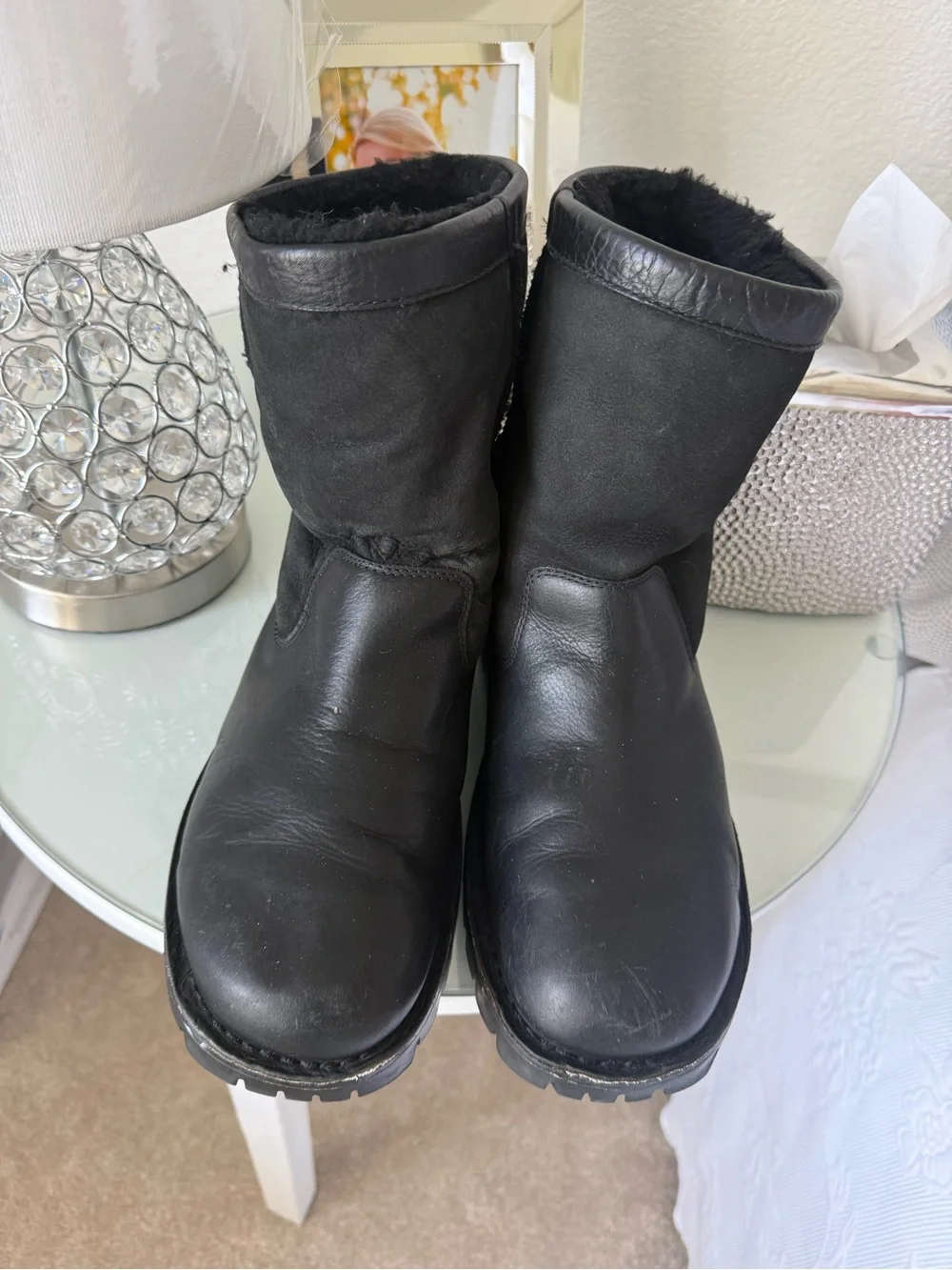 UGG Black Leather Short Shearling Boots